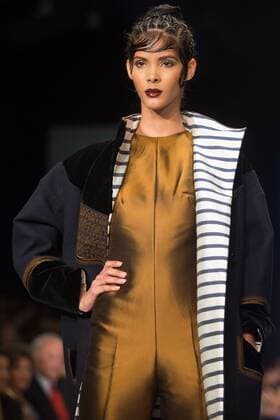 A model presents a creation of French designer Jean Paul Gaultier during the Dominicana Moda 2015 fashion event in Santo Domingo, Dominican Republic, on Oct. 24, 2015. Fran Afonso) (rhj) DOMINICAN REPUBLIC-SANTO DOMINGO-FASHION e FRANxAFONSO 