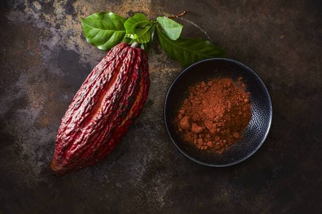 Cocoa pod and bowl of cocoa on rusty ground  KSWF001631