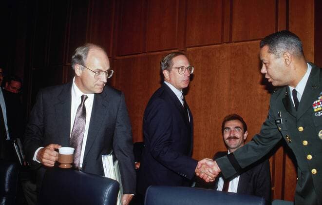 Oct. 27, 2015 - Washington, District of Columbia, United States of America - Washington, DC. 9-1-1990.Richard Cheney the Sec. of Def. (l) and Senator Sam Nunn (C) and General Colin Powell (r) at Senate Armed Services Committee hearing. .Credit: Washington United States of America - ZUMAr142