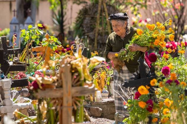 IMAGO Cultures of the world, Zapotec Kultur in Mexiko Oct. 30, 2014 - Teotitian Del Valle, Oaxaca, Mexico - A elderly Zapotec indigenous woman arranges flowers and cleans the tomb of relatives during the Day of the Dead Festival known in spanish as D™a de Muertos October 30, 2014 in the tiny village of Teotitian del Valle, Oaxaca, Mexico. - ZUMAe02