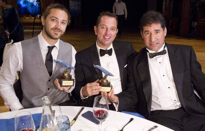 Monaco, Monte Carlo - November 09, 2015: Prizegiving Gala at Blue Monaco 2015, a Global Film Festival and Conservation Summit with winners Chris Cilfone (left), David Owen Brown and Denis Jensen Prizegiving Gala at Blue Monaco 2015, a Global Film Festival and Conservation Summit Blue Monaco Global Filmfestival - Preisverleihung