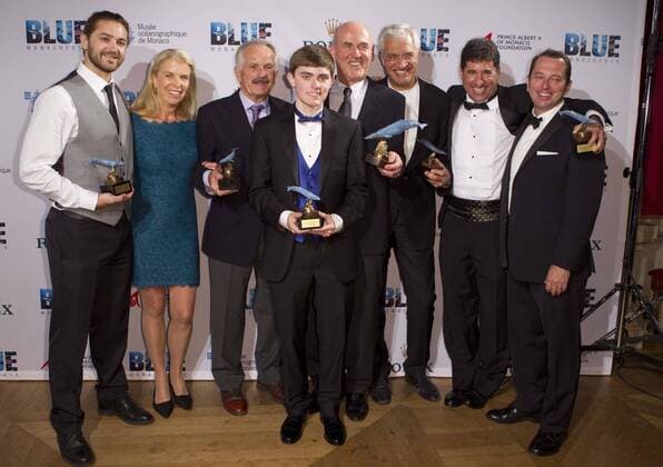 Monaco, Monte Carlo - November 09, 2015: Prizegiving Gala at Blue Monaco 2015, a Global Film Festival and Conservation Summit with all the Winners: David Owen Brown; Denis Jensen; Chris Cilfone; Preston Buchanan; Rick Rosenthal; Katya Shirokow; Louie Psihoyos; Dieter Paulmann Prizegiving Gala at Blue Monaco 2015, a Global Film Festival and Conservation Summit Blue Monaco Global Filmfestival - Preisverleihung