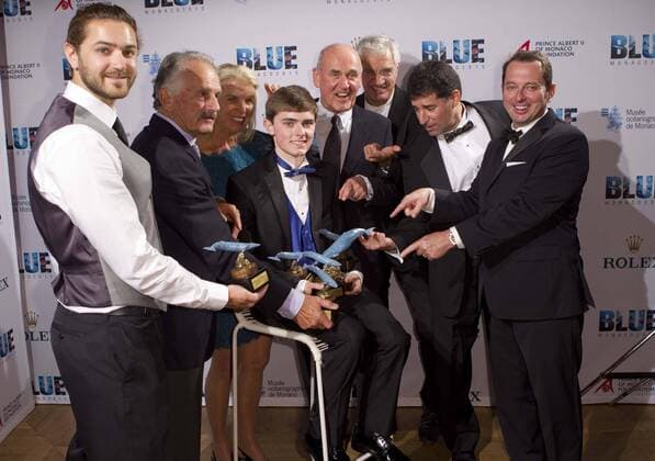 Monaco, Monte Carlo - November 09, 2015: Prizegiving Gala at Blue Monaco 2015, a Global Film Festival and Conservation Summit with all the Winners: David Owen Brown; Denis Jensen; Chris Cilfone; Preston Buchanan; Rick Rosenthal; Katya Shirokow; Louie Psihoyos; Dieter Paulmann Prizegiving Gala at Blue Monaco 2015, a Global Film Festival and Conservation Summit Blue Monaco Global Filmfestival - Preisverleihung