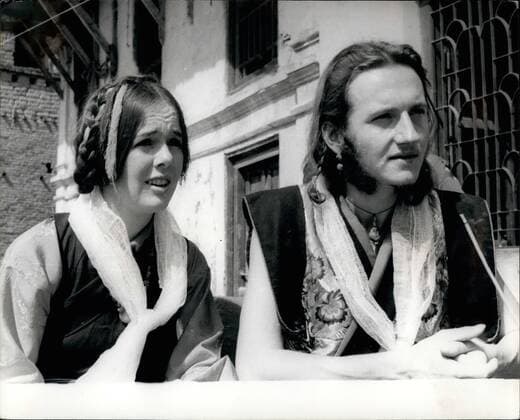 1968 - The Hippy couple, KNUT-RAINER PFLUGHAUPT, 21-year-old West German, and his bride, U.S. former school teacher turned hippy LAURA SHEEHAN from Milli Valley, California, also twenty-one. They are wearing local costume and declare their intention of returning to the U.S. to take up normal lives. - ZUMAk09_