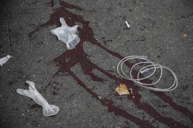 Bloodstain are seen on the ground outside the Bataclan concert hall in Paris, France, Nov. 14, 2015. ) (zjy) FRANCE-PARIS-ATTACK-BATACLAN CONCERT HALL ZhouxLei 