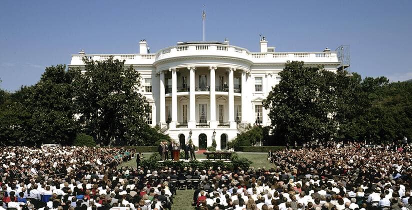 March 3, 2015 - Washington, District of Columbia, United States of America - Washington, DC. 9-13-1993. In a triumph of hope over history, Yitzhak Rabin, the Prime Minister of Israel, and Yasir Arafat, the chairman of the P.L.O., shook hands today on the White House lawn, sealing the first agreement between Jews and Palestinians to end their conflict and share the holy land along the River Jordan that they both call home..At 11:43 A.M. on the sun-splashed South Lawn of the White House, Foreign Minister Shimon Peres of Israel and Mahmoud Abbas, the foreign policy aide for the Palestine Liberation Organization, signed a Declaration of Principles on Palestinian self-government in Israeli-occupied Gaza and the West Bank. Three thousand witnesses watched in amazement, including former Presidents Jimmy Carter and George Bush..Credit: Washington United States of America - ZUMAr142