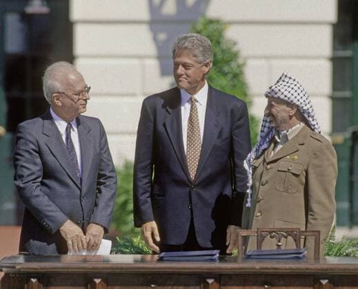 Sept. 6, 2015 - Washington, District of Columbia, United States of America - Washington, DC. 9-13-1993.President William Jefferson Clinton hosts the signing of the Oslo Peace accords. In the presence of PLO chairman Yasser Arafat, the then Israeli Prime Minister Yitzhak Rabin .The documents themselves were signed by Mahmoud Abbas for the PLO, foreign Minister Shimon Peres for Israel, U.S.Ã‚ Secretary of State Warren Christopher for the United States and foreign minister Andrei Kozyrev for Russia..Credit: Washington United States of America - ZUMAr142