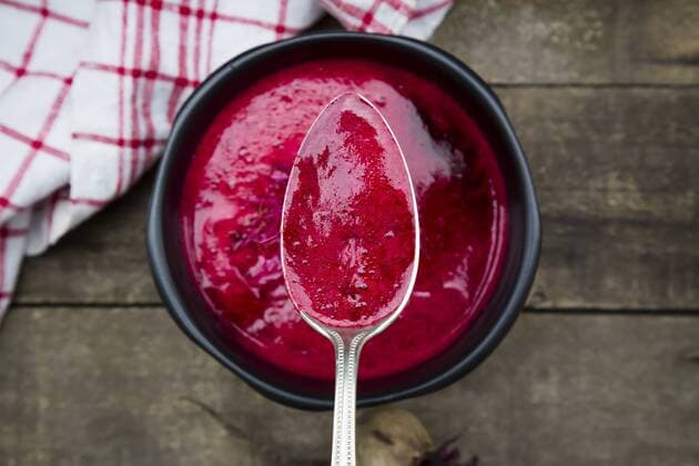 Spoon and bowl of beetroot soup  LVF004071