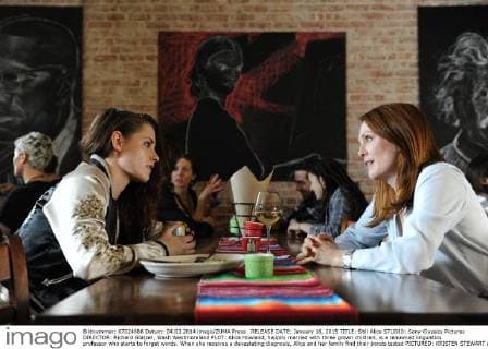 RELEASE DATE: January 16, 2015 TITLE: Still Alice STUDIO: Sony Classics Pictures DIRECTOR: Richard Glatzer, Wash Westmoreland PLOT: Alice Howland, happily married with three grown children, is a renowned linguistics professor who starts to forget words. When she receives a devastating diagnosis, Alice and her family find their bonds tested PICTURED: KRISTEN STEWART as Lydia Howland and JULIANNE MOORE as Dr. Alice Howland ( - ZUMAl90