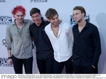 From left, musicians Michael Clifford, Calum Hood, Luke Hemmings and Ashton Irwin of 5 Seconds of Summer arrive for the 43rd annual American Music Awards held at Microsoft Theater in Los Angeles on November 22, 2015.  LAP20151122531 JIMxRUYMEN