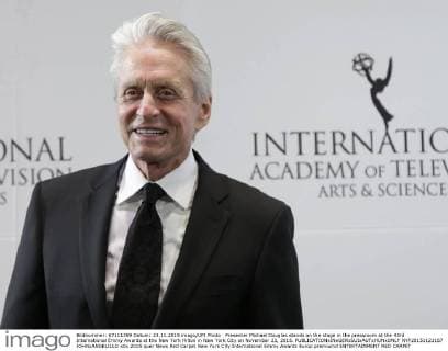 Presenter Michael Douglas stands on the stage in the pressroom at the 43rd International Emmy Awards at the New York Hilton in New York City on November 23, 2015.  NYP20151123167 JOHNxANGELILLO