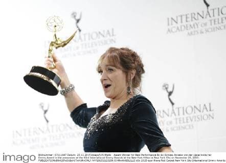 Award Winner for Best Performance By An Actress Anneke von der Lippe holds her Emmy Award in the pressroom at the 43rd International Emmy Awards at the New York Hilton in New York City on November 23, 2015.  NYP20151123159 JOHNxANGELILLO