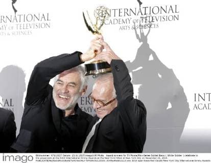 Award winners for TV Movie Mini-Series Soldat Blanc ( White Soldier ) celebrate in the pressroom at the 43rd International Emmy Awards at the New York Hilton in New York City on November 23, 2015.  NYP20151123151 JOHNxANGELILLO