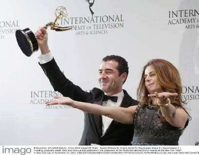 Award Winners for Drama Series for Engrenages Saison 5 ( Spiral Season 5 ) including producers Vassili Clert and Anne Landois celebrate in the pressroom at the 43rd International Emmy Awards at the New York Hilton in New York City on November 23, 2015.  NYP20151123175 JOHNxANGELILLO