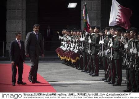 (151124) -- MEXICO CITY, Nov. 24, 2015 -- Mexico s President Enrique Pena Nieto (L) and Sheikh Tamim bin Hamad Al-Thani (2nd-L), Emir of the State of Qatar, review the guard of honor during an official welcoming ceremony for al-Thani held at National Palace in Mexico City, Mexico, Nov. 24, 2015. Qatar s Emir Sheikh Tamim Bin Hamad Al-Thani arrived on Monday in Mexico for an official visit on the 40th anniversary of the establishment of diplomatic relations between the two countries, reported the Mexico Secretariat of Foreign Affairs (SRE, for its acronym in Spanish). Alejandro Ayala) (jg) (sp) MEXICO-MEXICO CITY-QATAR-POLITICS-VISIT e AlejandroxAyala 