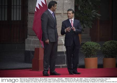 (151124) -- MEXICO CITY, Nov. 24, 2015 -- Mexico s President Enrique Pena Nieto (R) talks with Sheikh Tamim bin Hamad Al-Thani, Emir of the State of Qatar, during an official welcoming ceremony for al-Thani held at National Palace in Mexico City, Mexico, Nov. 24, 2015. Qatar s Emir Sheikh Tamim Bin Hamad Al-Thani arrived on Monday in Mexico for an official visit on the 40th anniversary of the establishment of diplomatic relations between the two countries, reported the Mexico Secretariat of Foreign Affairs (SRE, for its acronym in Spanish). Alejandro Ayala) (jg) (sp) MEXICO-MEXICO CITY-QATAR-POLITICS-VISIT e AlejandroxAyala 