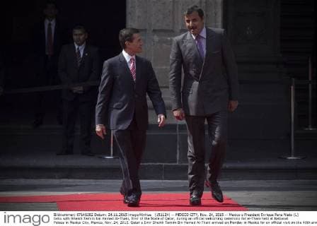 (151124) -- MEXICO CITY, Nov. 24, 2015 -- Mexico s President Enrique Pena Nieto (L) talks with Sheikh Tamim bin Hamad Al-Thani, Emir of the State of Qatar, during an official welcoming ceremony for al-Thani held at National Palace in Mexico City, Mexico, Nov. 24, 2015. Qatar s Emir Sheikh Tamim Bin Hamad Al-Thani arrived on Monday in Mexico for an official visit on the 40th anniversary of the establishment of diplomatic relations between the two countries, reported the Mexico Secretariat of Foreign Affairs (SRE, for its acronym in Spanish). Alejandro Ayala) (jg) (sp) MEXICO-MEXICO CITY-QATAR-POLITICS-VISIT e AlejandroxAyala 