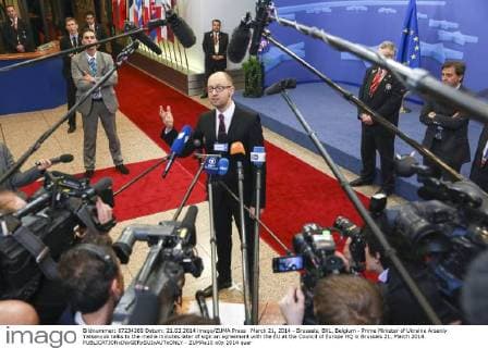 March 21, 2014 - Brussels, BXL, Belgium - Prime Minister of Ukraine Arseniy Yatsenyuk talks to the media minutes later of sign an agreement with the EU at the Council of Europe HQ in Brussels 21, March 2014. - ZUMAa10