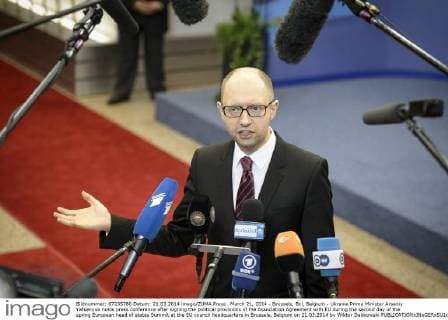 March 21, 2014 - Brussels, Bxl, Belgium - Ukraine Prime Minister Arseniy Yatsenyuk holds press conference after signing the political provisions of the Association Agreement with EU during the second day of the spring European head of states Summit at the EU council headquarters in Brussels, Belgium on 21.03.2014 by Wiktor Dabkowski - ZUMAw80