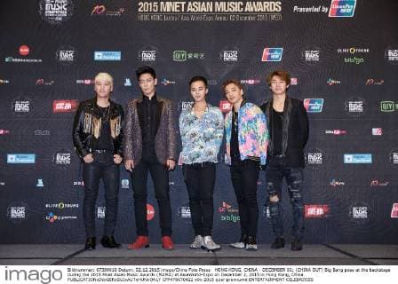 HONG KONG, CHINA - DECEMBER 02: (CHINA OUT) Big Bang pose at the backstage during the 2015 Mnet Asian Music Awards (MAMA) at AsiaWorld-Expo on December 2, 2015 in Hong Kong, China.  CFP476670422