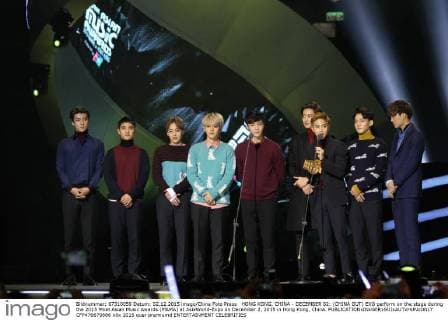 HONG KONG, CHINA - DECEMBER 02: (CHINA OUT) EXO perform on the stage during the 2015 Mnet Asian Music Awards (MAMA) at AsiaWorld-Expo on December 2, 2015 in Hong Kong, China.  CFP476670886
