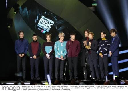 HONG KONG, CHINA - DECEMBER 02: (CHINA OUT) EXO perform on the stage during the 2015 Mnet Asian Music Awards (MAMA) at AsiaWorld-Expo on December 2, 2015 in Hong Kong, China.  CFP476670887
