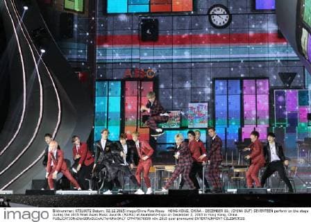 HONG KONG, CHINA - DECEMBER 02: (CHINA OUT) SEVENTEEN perform on the stage during the 2015 Mnet Asian Music Awards (MAMA) at AsiaWorld-Expo on December 2, 2015 in Hong Kong, China.  CFP476670899