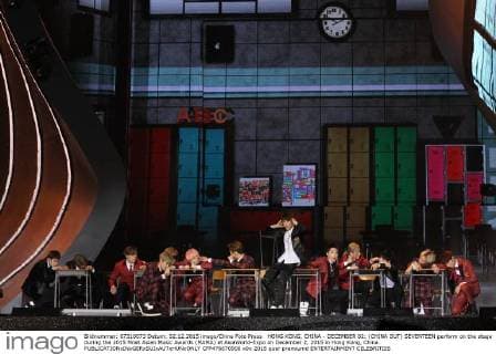 HONG KONG, CHINA - DECEMBER 02: (CHINA OUT) SEVENTEEN perform on the stage during the 2015 Mnet Asian Music Awards (MAMA) at AsiaWorld-Expo on December 2, 2015 in Hong Kong, China.  CFP476670900