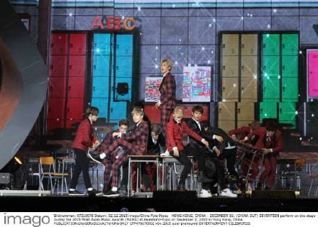 HONG KONG, CHINA - DECEMBER 02: (CHINA OUT) SEVENTEEN perform on the stage during the 2015 Mnet Asian Music Awards (MAMA) at AsiaWorld-Expo on December 2, 2015 in Hong Kong, China.  CFP476670902