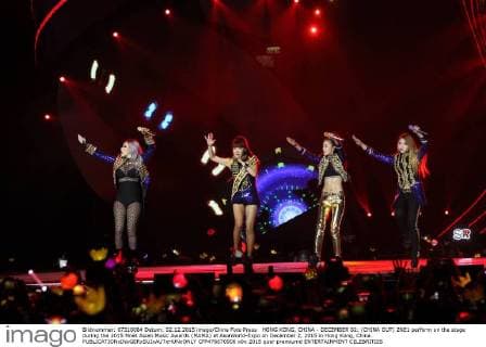 HONG KONG, CHINA - DECEMBER 02: (CHINA OUT) 2NE1 perform on the stage during the 2015 Mnet Asian Music Awards (MAMA) at AsiaWorld-Expo on December 2, 2015 in Hong Kong, China.  CFP476670906