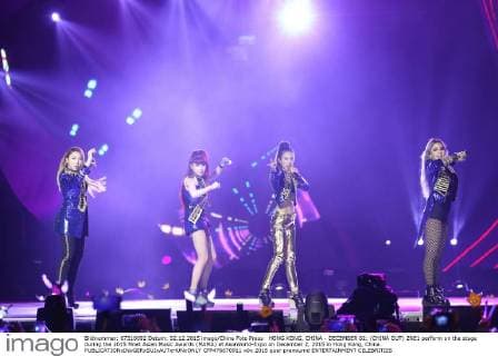 HONG KONG, CHINA - DECEMBER 02: (CHINA OUT) 2NE1 perform on the stage during the 2015 Mnet Asian Music Awards (MAMA) at AsiaWorld-Expo on December 2, 2015 in Hong Kong, China.  CFP476670911