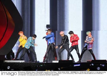HONG KONG, CHINA - DECEMBER 02: (CHINA OUT) BTS perform on the stage during the 2015 Mnet Asian Music Awards (MAMA) at AsiaWorld-Expo on December 2, 2015 in Hong Kong, China.  CFP476670937