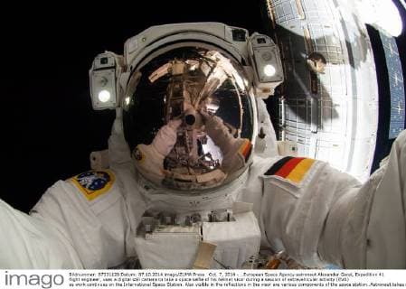 Oct. 7, 2014 - ..European Space Agency astronaut Alexander Gerst, Expedition 41 flight engineer, uses a digital still camera to take a space selfie of his helmet visor during a session of extravehicular activity (EVA) as work continues on the International Space Station. Also visible in the reflections in the visor are various components of the space station..Astronaut takes space selfie on spacewalk - 07 Oct 2014.. . The Expedition 41 flight engineer used a digital still camera to take a photo of his helmet visor during a session of extravehicular activity (EVA) as work continues on the International Space Station. Also visible in the reflections in the visor are various components of the space station and a bright sun. During the six-hour, 13-minute spacewalk, Gerst and NASA astronaut Reid Wiseman (out of frame), flight engineer, worked outside the space station s Quest airlock reloca - ZUMAz03