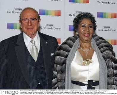 Clive Davis and Aretha Franklin arrive for the formal Artist s Dinner honoring the recipients of the 38th Annual Kennedy Center Honors hosted by United States Secretary of State John F. Kerry at the U.S. Department of State in Washington, D.C. on December 5, 2015. The 2015 honorees are: singer-songwriter Carole King, filmmaker George Lucas, actress and singer Rita Moreno, conductor Seiji Ozawa, and actress and Broadway star Cicely Tyson. Pool photo by Ron Sachs  WAX20151205240 RONxSACHS