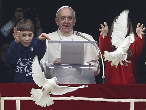 Jan 26, 2014 - Vatican City State (Holy See) - POPE FRANCIS during his Angelus prayer on the day of peace at the Vatican. A dove which was freed by children was attacked by a seagull in St. Peter Square on Sunday at the Vatican. - ZUMAi15