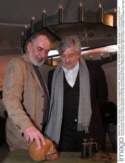 MOSCOW, RUSSIA. DECEMBER 10, 2015. Andrei Filippov (L), winner of the Project of the Year nomination for A Wheel in the Head installation, and Vladimir Grigoryev, deputy head of Russia s Federal Agency for Press and Mass Communication, during an awards ceremony for the 9th annual Kandinsky Prize in contemporary art at the Udarnik Cinema. Vyacheslav Prokofyev TASS  TS013848