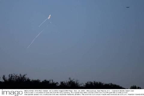 Dec. 10, 2015 - Albuquerque, New Mexico, U.S. - Journal.A missile launch over N.M. is seen in the distance from the foothills early morning. The missile test which was launched from Fort Wingate left a white contrail that quickly turned into a corkscrew that was visible for hundreds of miles. The unarmed Juno target missile was launched at 6:55 a.m. mountain standard time. ..Albuquerque, New Mexico Albuquerque U.S. - ZUMAab1_