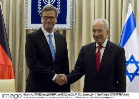May 17, 2013 - Jerusalem, Israel - Israeli President SHIMON PERES (R) shakes hands with Minister of Foreign Affairs of the Federal Republic of Germany, GUIDO WESTERWELLE (L), at the onset of a diplomatic work meeting at the Presidents Residence. - ZUMAa12