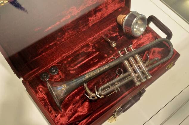 June 7, 2013 - Napa, CA, U.S. - FRIDAY, JUNE 07, 2012 - NAPA, CA - An engraved trumpet belonging to legendary jazz musician Miles Davis is on display at the Art of Cool exhibit, an exhibit of Davis artwork at the Napa Valley Museum, on Friday, June 7. Lisa James Register - ZUMAna3