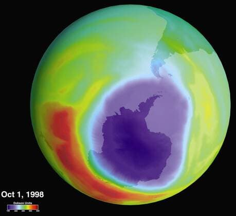 June 26, 2013 - Hole in the Ozone Layer Over Antarctica: In 1985, a British scientist working in Antarctica discovered a 40 percent loss in the ozone layer over the continent. When Goddard Space Flight Center researchers reviewed their data, they confirmed the ozone loss. Since then, scientists have relied on instrumentation developed by Goddard to keep track of the environmental phenomenon, which in the 1990s prompted a worldwide ban on chlorofluorocarbons (CFCs), a chemical used for refrigeration and other industrial uses. In this image, the blue purple areas show low ozone, while the red areas indicate higher ozone levels. Although ozone is considered a pollutant in the troposphere, the atmospheric layer that contains the air we breathe in higher altitudes, notably in the stratosphere, ozone is considered vital. Stratospheric ozone blocks harmful ultraviolet radiation produced by the - ZUMAz03