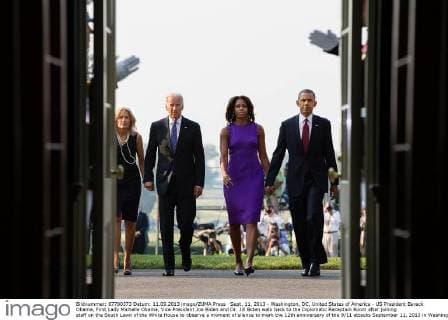 Sept. 11, 2013 - Washington, DC, United States of America - US President Barack Obama, First Lady Michelle Obama, Vice President Joe Biden and Dr. Jill Biden walk back to the Diplomatic Reception Room after joining staff on the South Lawn of the White House to observe a moment of silence to mark the 12th anniversary of the 9 11 attacks September 11, 2013 in Washington, DC. Washington United States of America - ZUMAp138