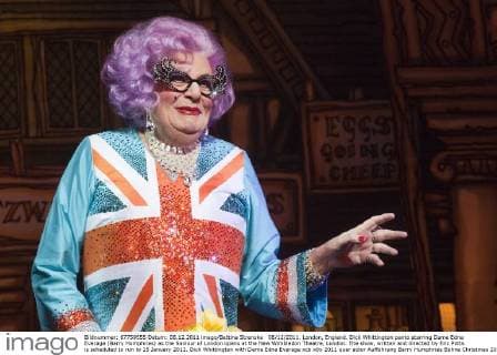 08 12 2011. London, England. Dick Whittington panto starring Dame Edna Everage (Barry Humphries) as the Saviour of London opens at the New Wimbledon Theatre, London. The show, written and directed by Eric Potts is scheduled to run to 15 January 2012. Dick Whittington with Dame Edna Everage