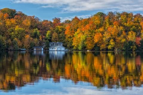 Fall colour and cottage on Horseshoe Lake in Muskoka near Rosseau, Ontario, Canada  acp89436 Photography