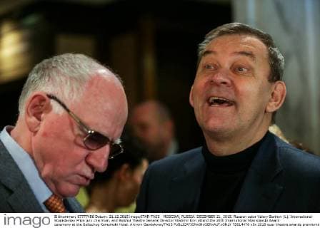 MOSCOW, RUSSIA. DECEMBER 21, 2015. Russian actor Valery Barinov (L), International Stanislavsky Prize jury chairman, and Bolshoi Theatre General Director Vladimir Urin attend the 20th International Stanislavski Award ceremony at the Baltschug Kempinski Hotel. Artyom Geodakyan TASS  TS014476