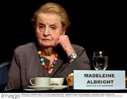 Madeleine Albright, the first female U.S. Secretary of State, listens to her introduction at the Forum Club of the Palm Beaches Wednesday, February 27, 2013. - ZUMAp77