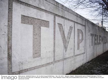 Dec. 29, 2015 - Warsaw, Poland - Abbreviated name of Polish television (TVP) on the wall of Polish television in Warsaw, 29 December, 2015, Poland Warsaw Poland  - ZUMAn230