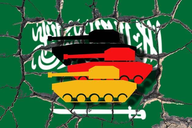 Symbolbild Rüstungsexporte der Bundesregierung nach Saudi Arabien: die Opposition im Bundetag fordert ein Ende der deutschen Waffenexporte. Abgewandeltes schweizer Verkehrszeichen mit Panzern in Deutschlandfarben auf erodierender Flagge