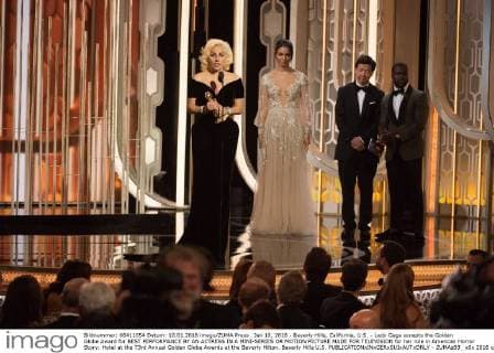 Jan 10, 2016 - Beverly Hills, California, U.S. - Lady Gaga accepts the Golden Globe Award for BEST PERFORMANCE BY AN ACTRESS IN A MINI-SERIES OR MOTION PICTURE MADE FOR TELEVISION for her role in American Horror Story: Hotel at the 73rd Annual Golden Globe Awards at the Beverly Hilton. Beverly Hills U.S. - ZUMAz03_