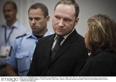 Aug. 24, 2012 - Oslo, Norway - Norwegian terrorist and right wing extremist Anders Behring Breivik appears in court on the day of the verdict. Breivik is declared sane by the judges. - ZUMAw11