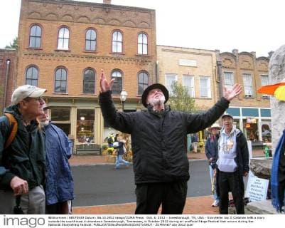 Oct. 6, 2012 - Jonesborough, TN, USA - Storyteller Jay O Callahan tells a story outside the courthouse in downtown Jonesborough, Tennessee, in October 2012 during an unofficial fringe festival that occurs during the National Storytelling Festival. - ZUMAm67